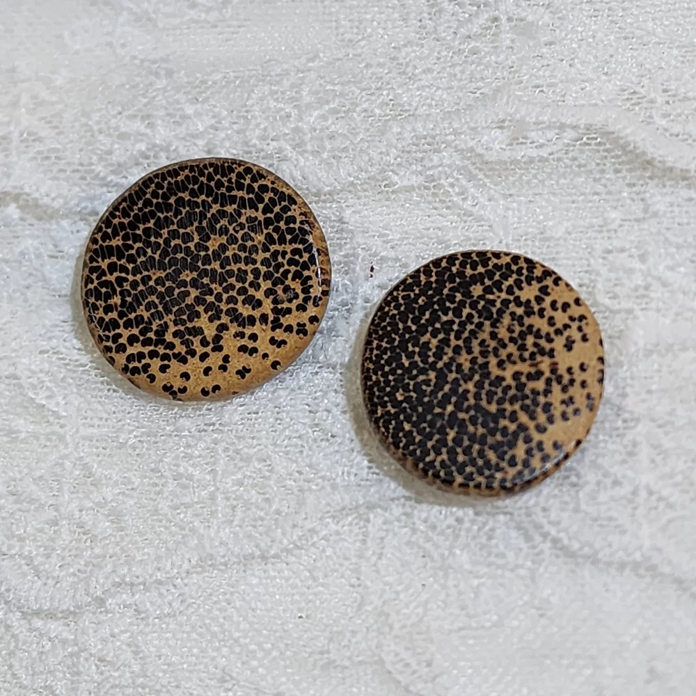 Vintage Round Wooden Animal Print Tan and Black Pierced Earrings